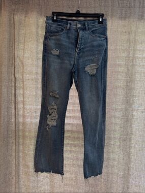 Women's Distressed High-Rise Straight Jeans - Dark Blue